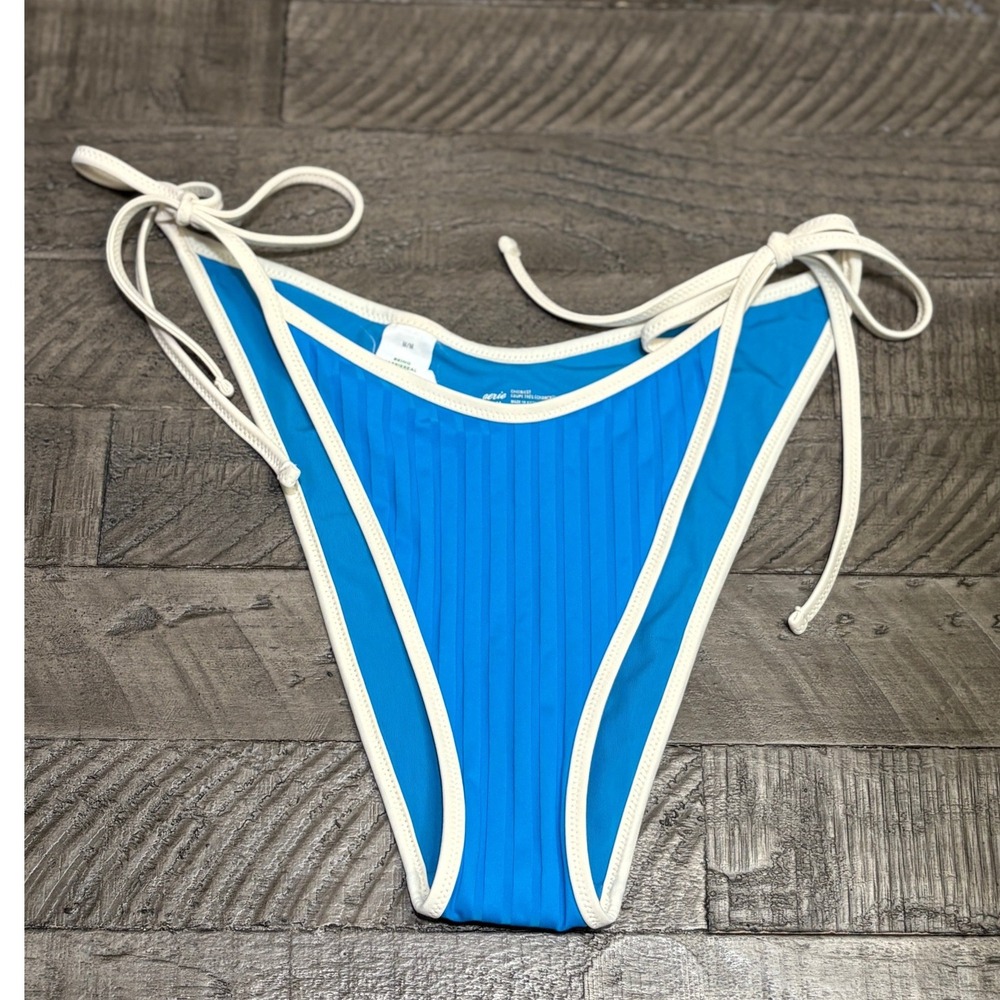 Aerie Ribbed Tie Side Cheekiest Bikini Bottom Blue Cream Medium NEW